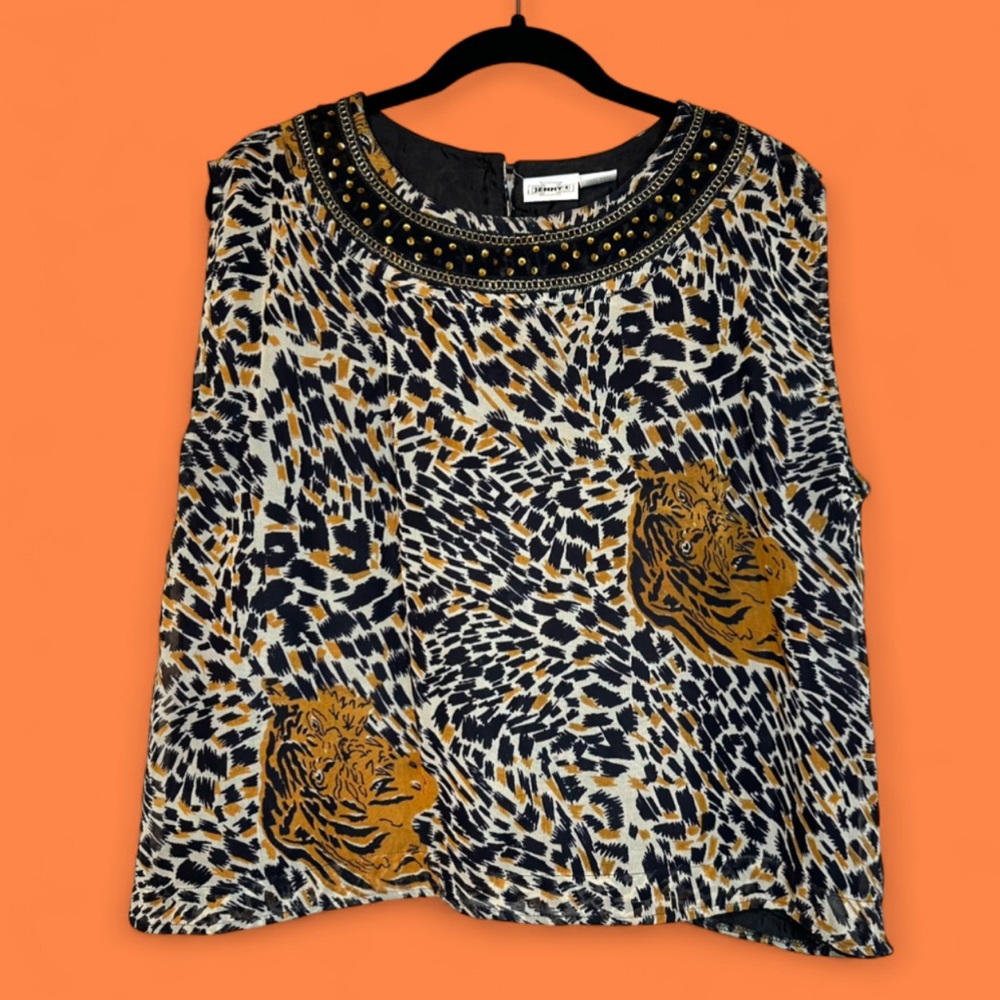 VTG Jenny-I Women's Cropped Blouse XL Leopard Tiger Sequins Funky Eccentric